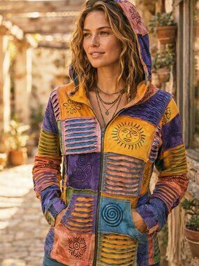 Rising International Multicolor Boho Patchwork Zip-Up Hoodie – Size L